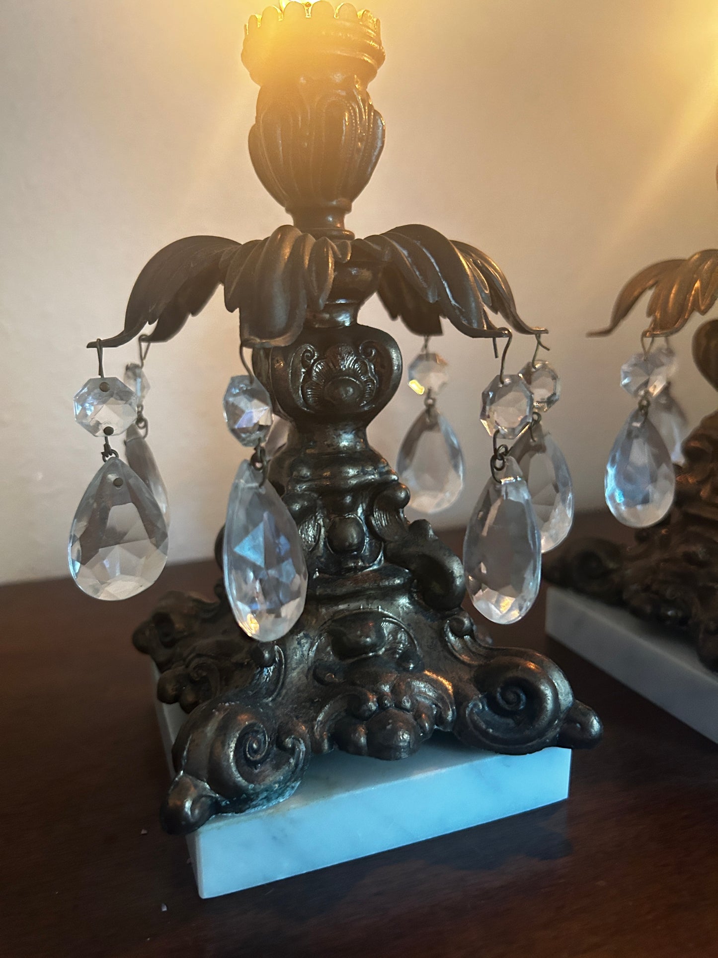 Pair of Candleholders with Crystal Prisms on Marble Base