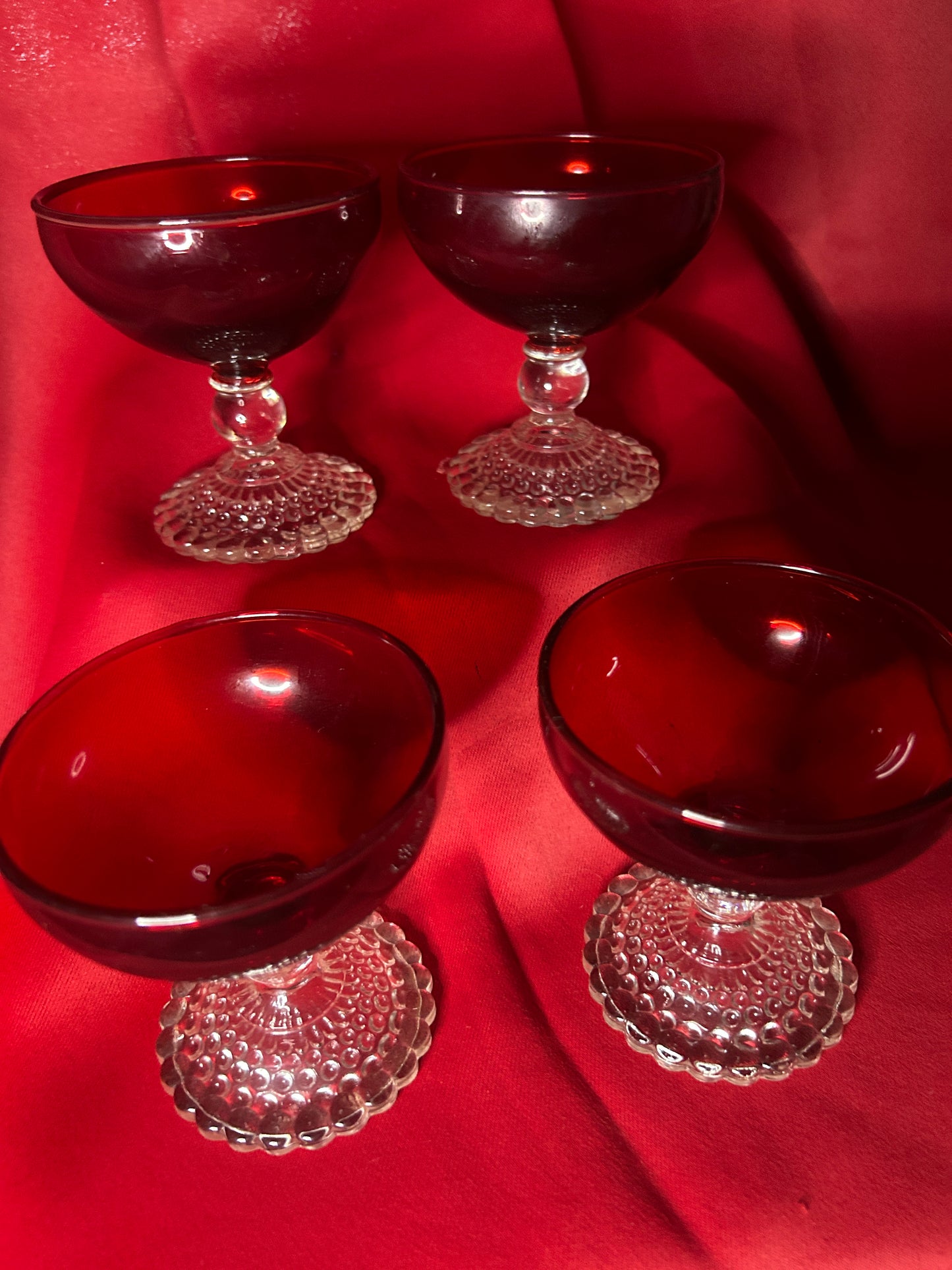 Set of 4 Bubble Foot Ruby Liquor Cocktails by ANCHOR HOCKING Ruby Red & Crystal Stemware