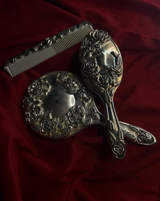 Set of 3 Floral Design Hand Held Mirror, Brush, and Comb