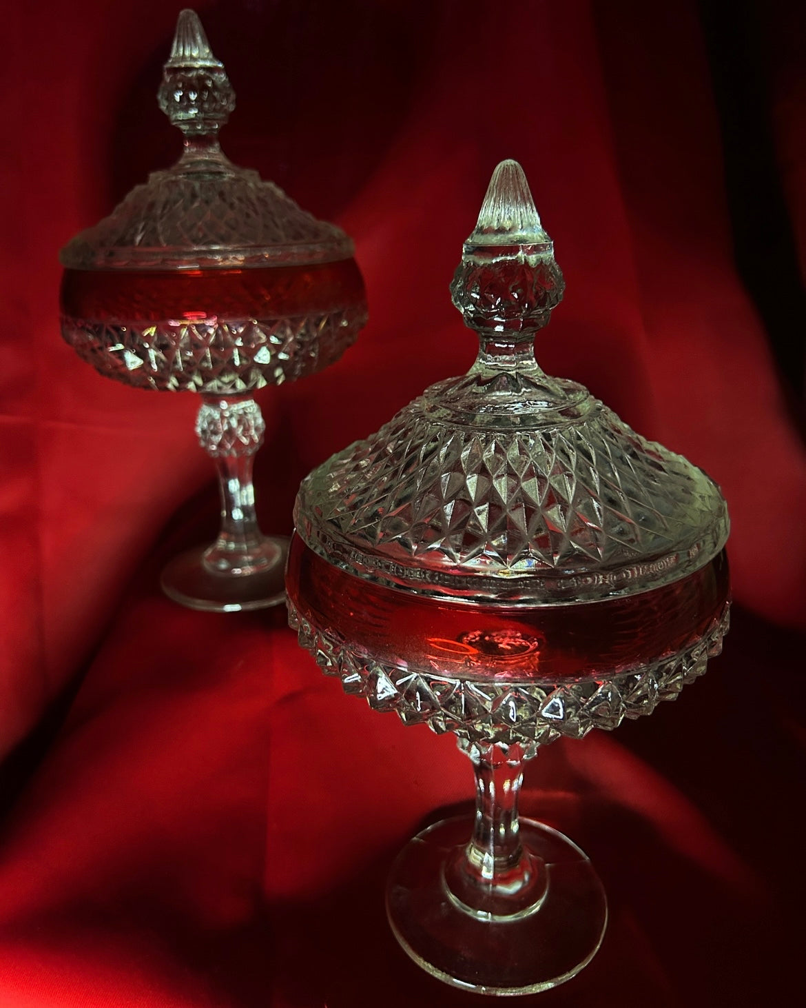 Pair of Indiana Glass Cranberry Flash Diamond Point Pedestal Compote Candy Dish W/Lid