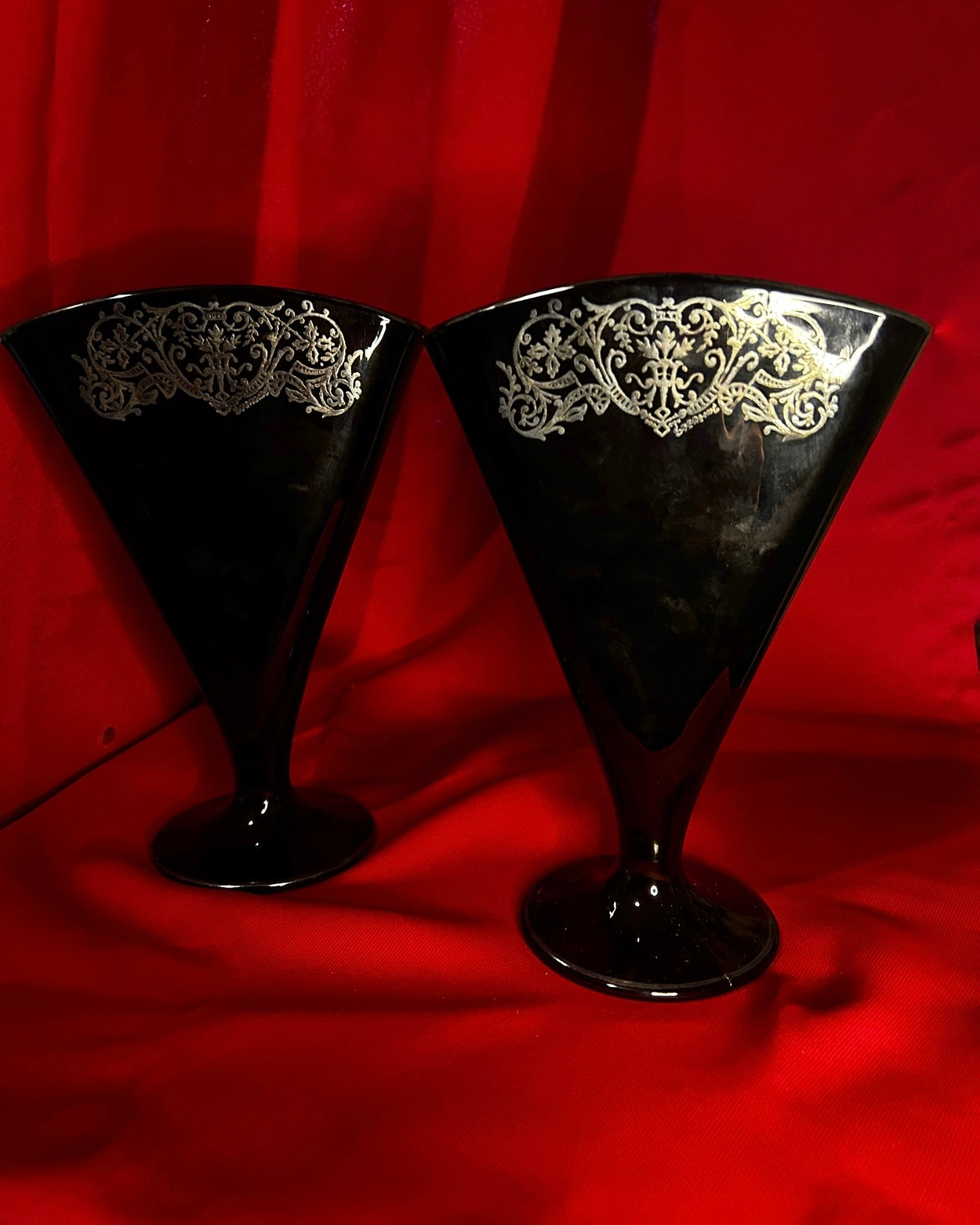 Single Sterling Silver Overlay Black Amethyst Glass Fan Shaped Vase