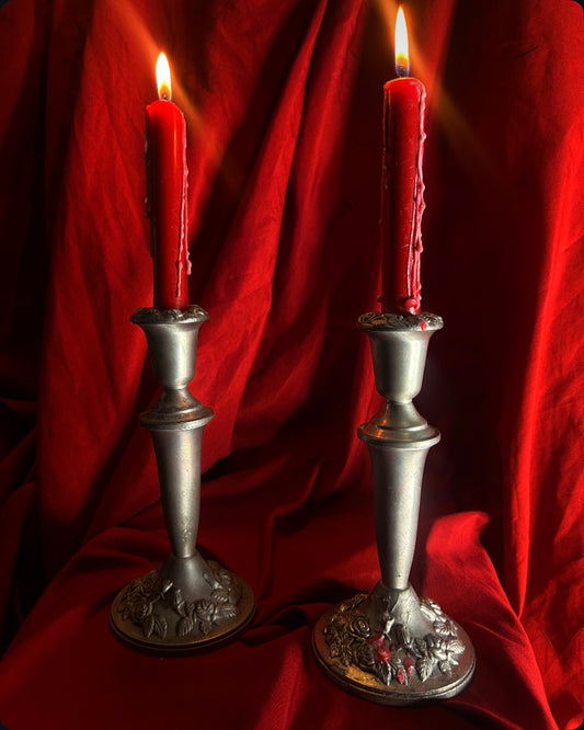 Pair of Silver Toned Candleholders with Rose Detail