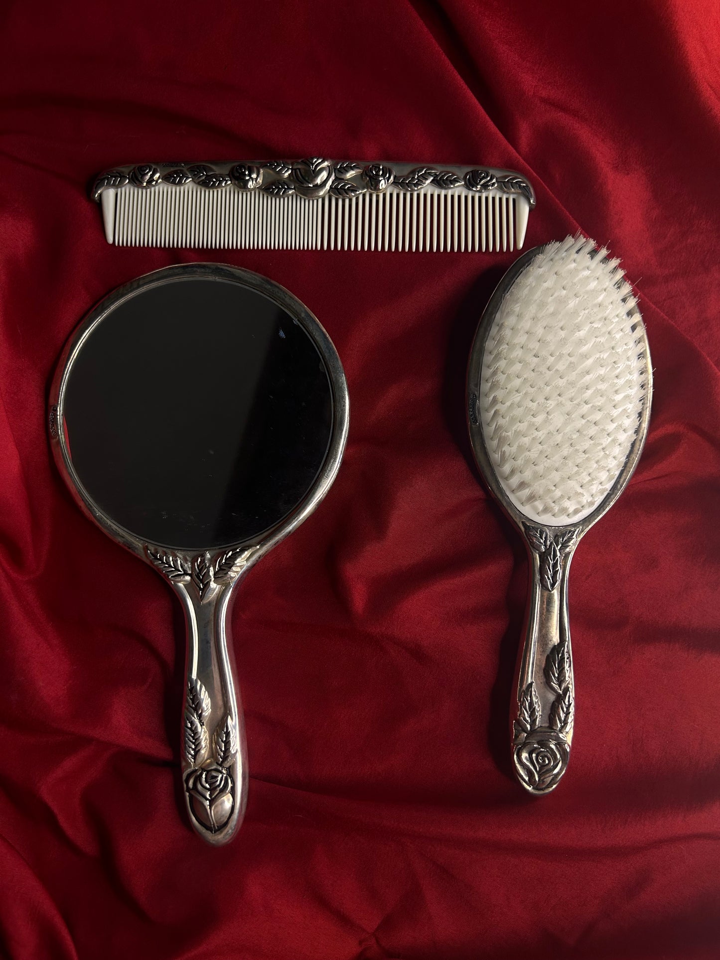 Set of 3 Floral Design Hand Held Mirror, Brush, and Comb