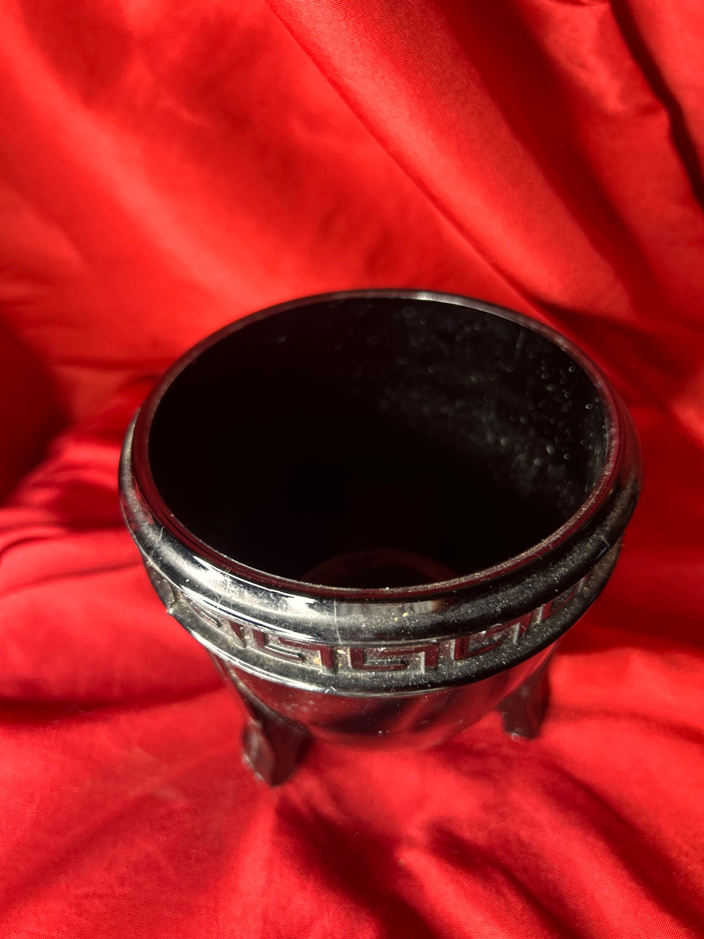Vintage LE Smith Black Amethyst Glass Art Deco Footed Vase Greek Key Pattern