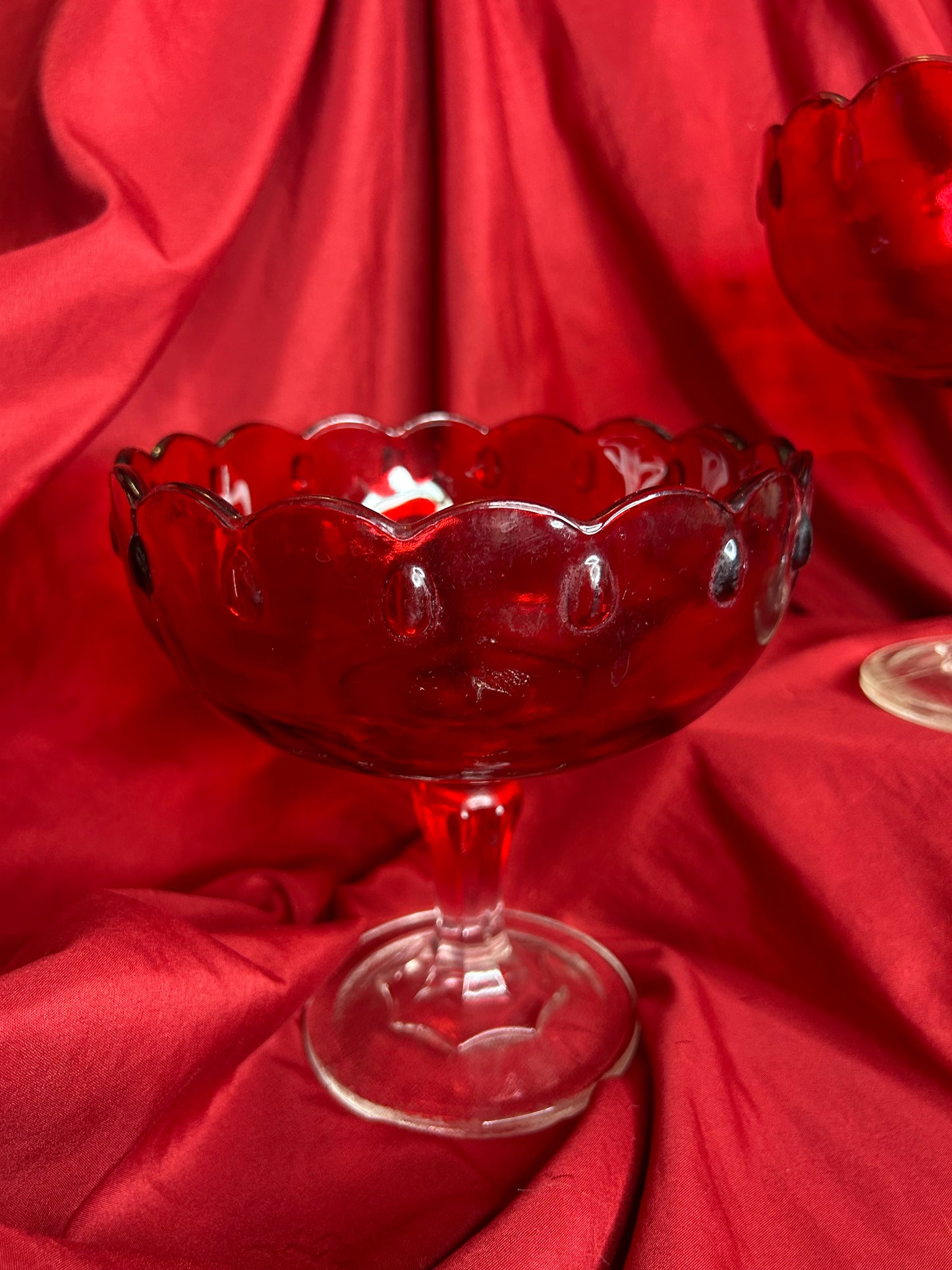 Vintage Pair of Indiana Glass Large Ruby Red Teardrop Compote Dishes
