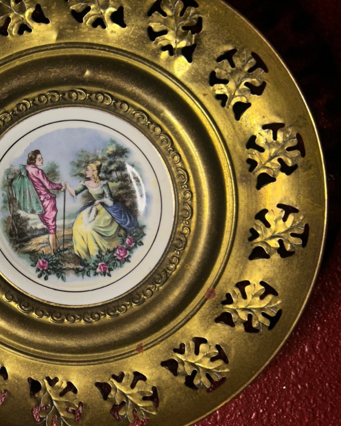 Vintage Courting Couple Plate Perforated Brass Frame