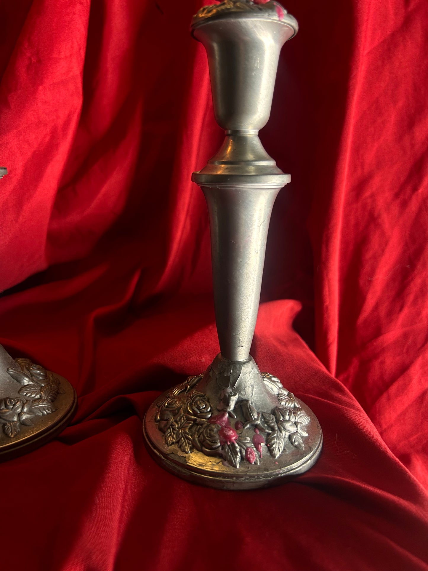 Pair of Silver Toned Candleholders with Rose Detail