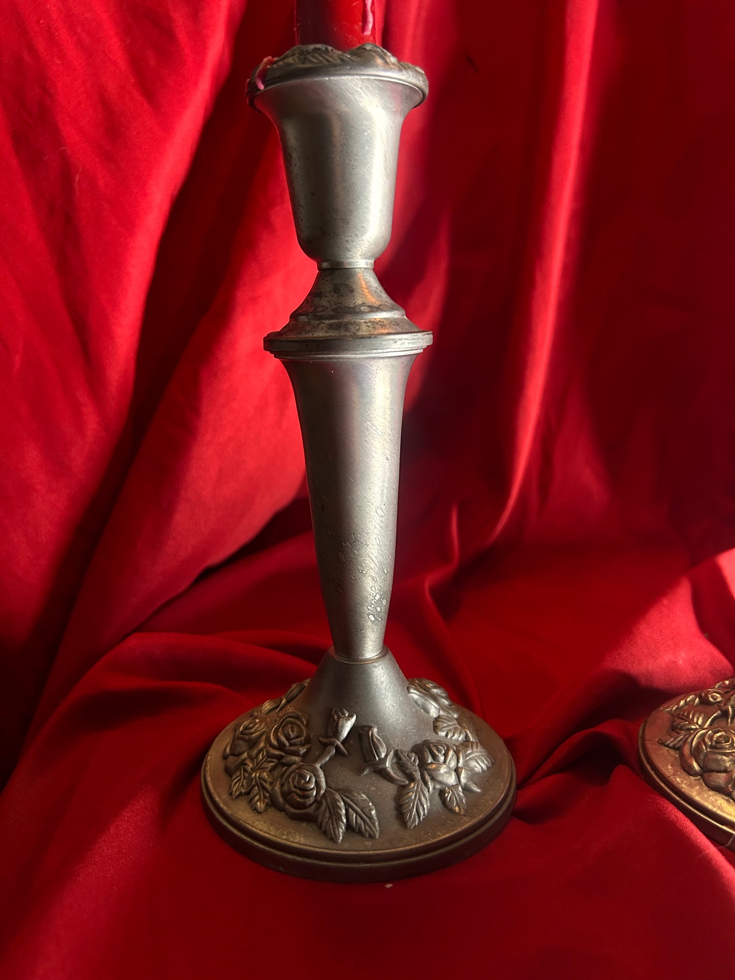 Pair of Silver Toned Candleholders with Rose Detail