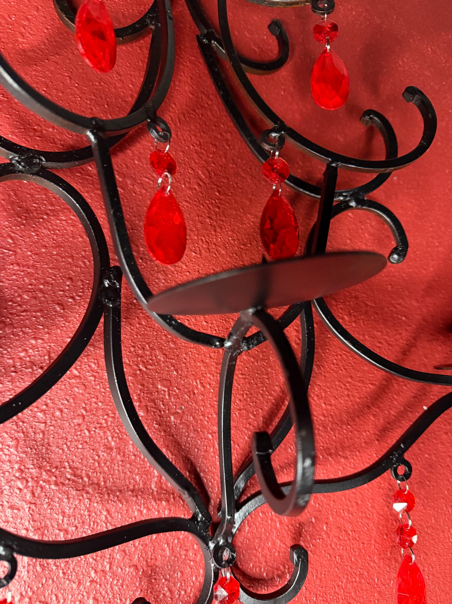 Pair of Gothic Wrought Iron Wall Candelabras with Blood Red Crystals