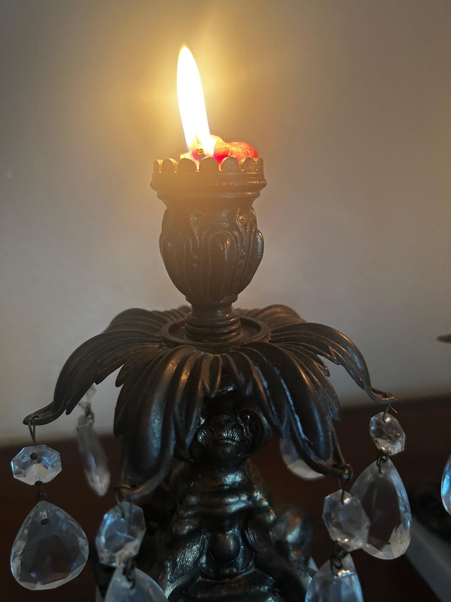 Pair of Candleholders with Crystal Prisms on Marble Base