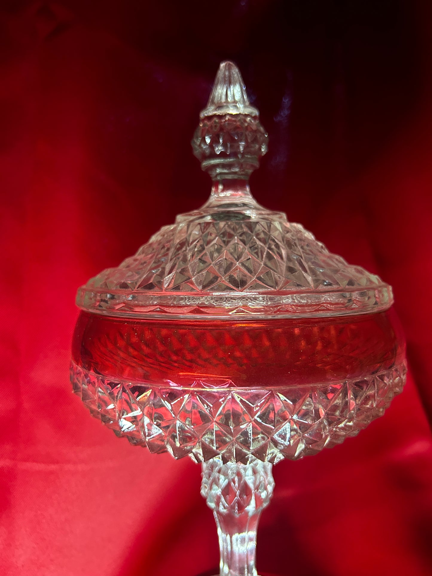 Pair of Indiana Glass Cranberry Flash Diamond Point Pedestal Compote Candy Dish W/Lid