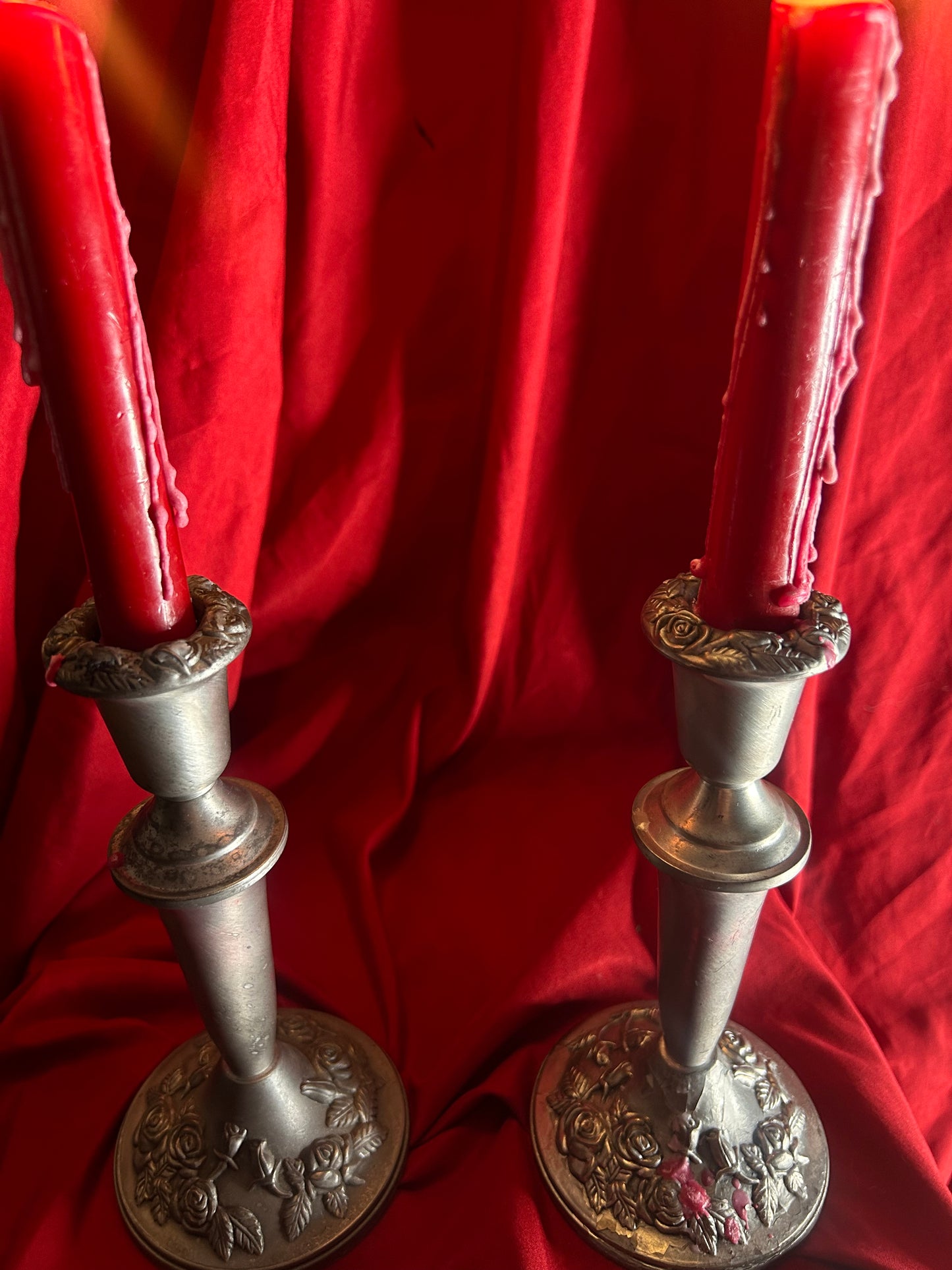 Pair of Silver Toned Candleholders with Rose Detail