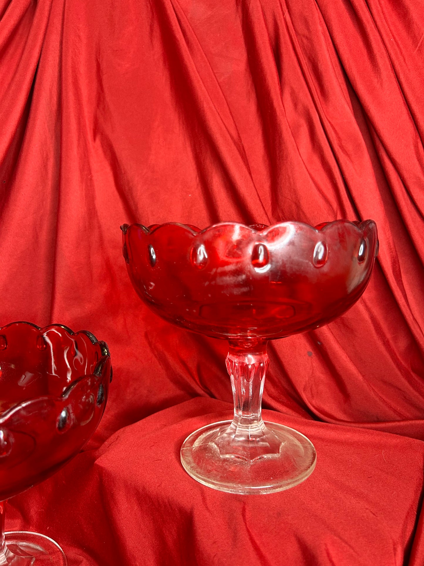 Vintage Pair of Indiana Glass Large Ruby Red Teardrop Compote Dishes