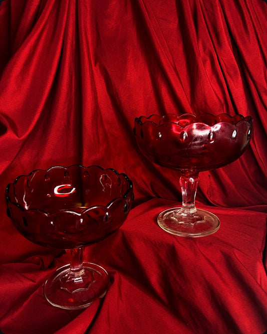 Vintage Pair of Indiana Glass Large Ruby Red Teardrop Compote Dishes