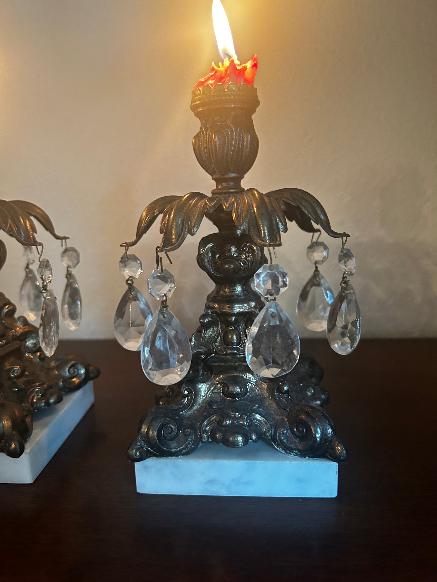 Pair of Candleholders with Crystal Prisms on Marble Base