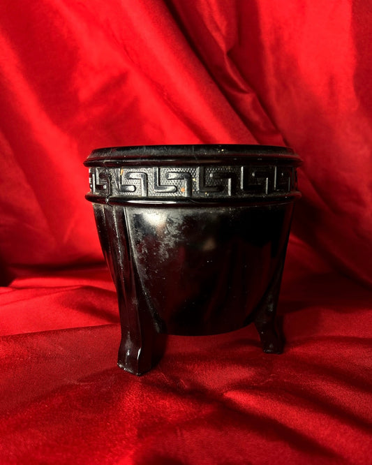Vintage LE Smith Black Amethyst Glass Art Deco Footed Vase Greek Key Pattern