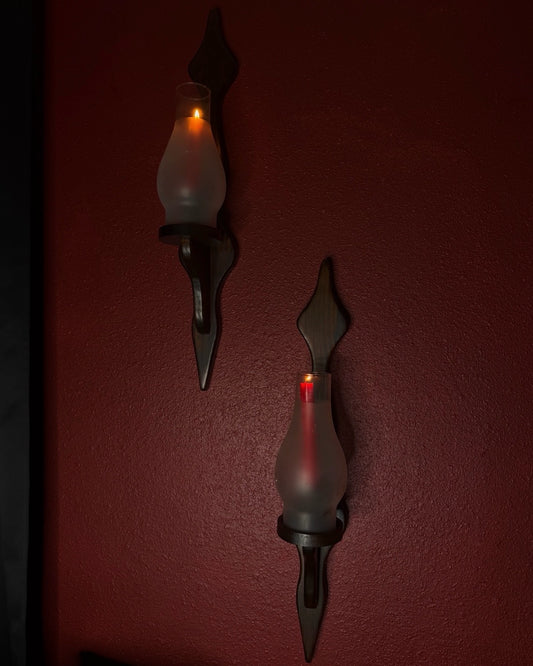 Pair of Wooden Tall Wall Candleholders with Frosted Hurricane Shades