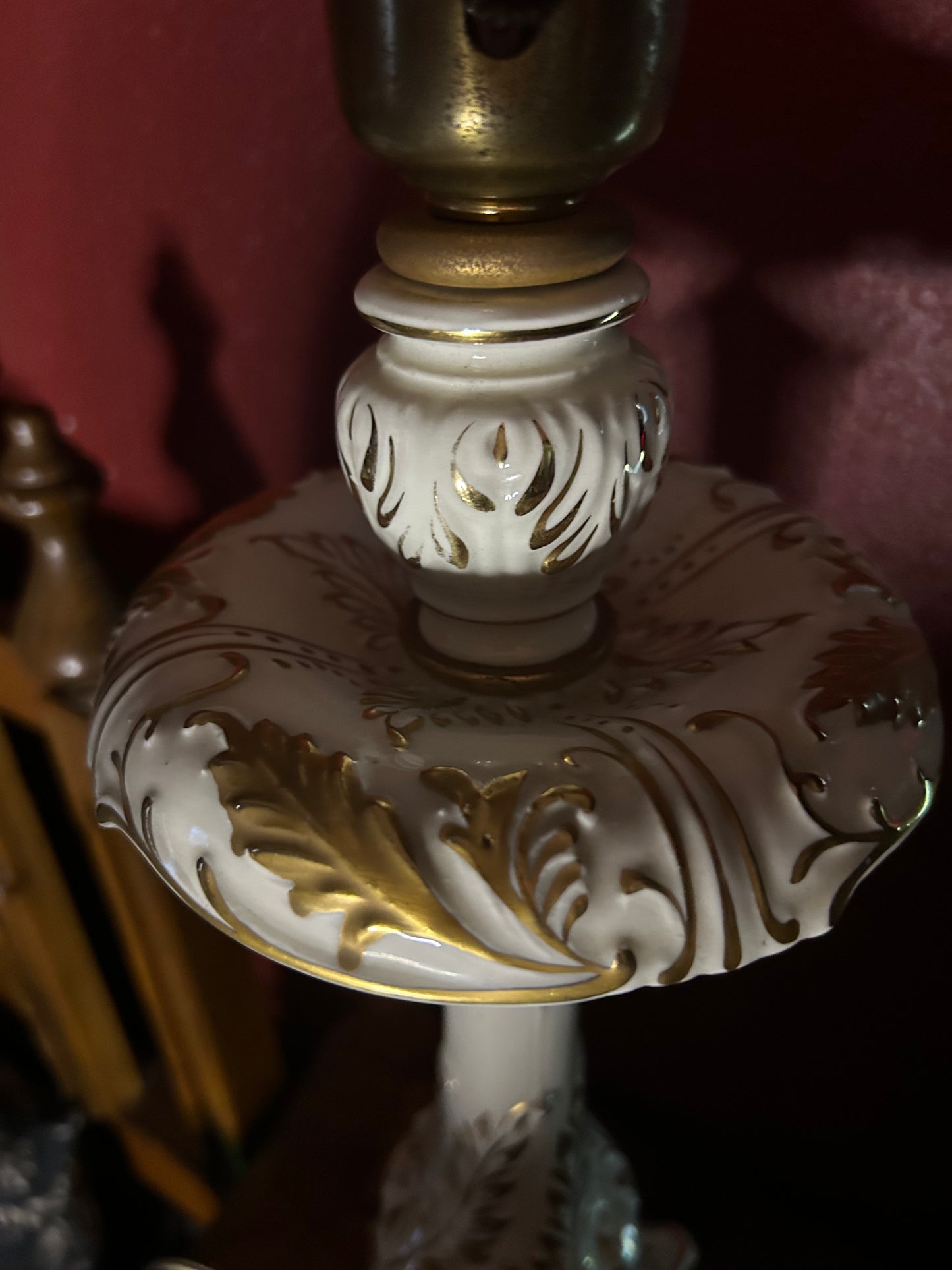 Tall Ornate White & Gold Lamp with Cross Lightbulb