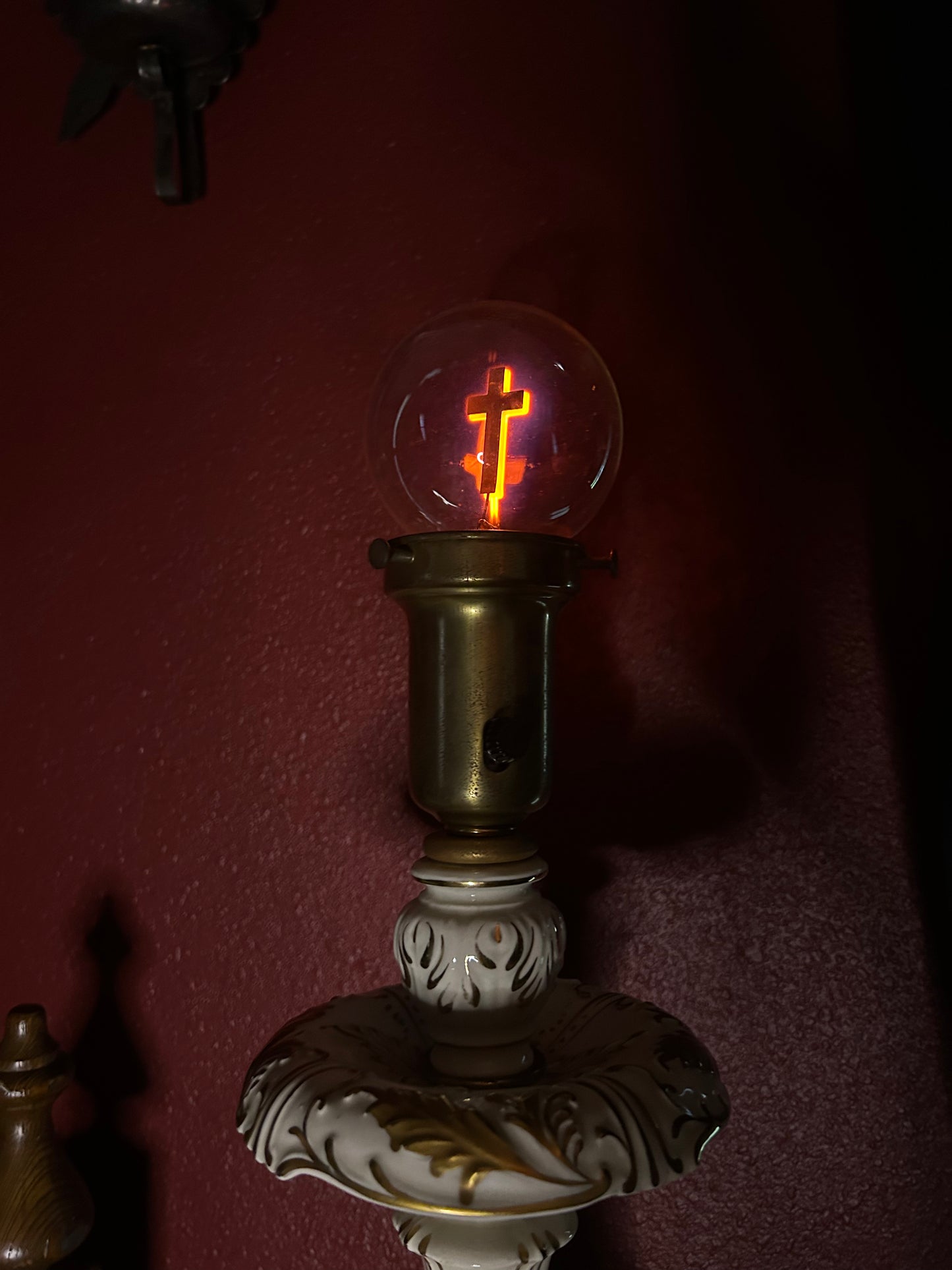 Tall Ornate White & Gold Lamp with Cross Lightbulb