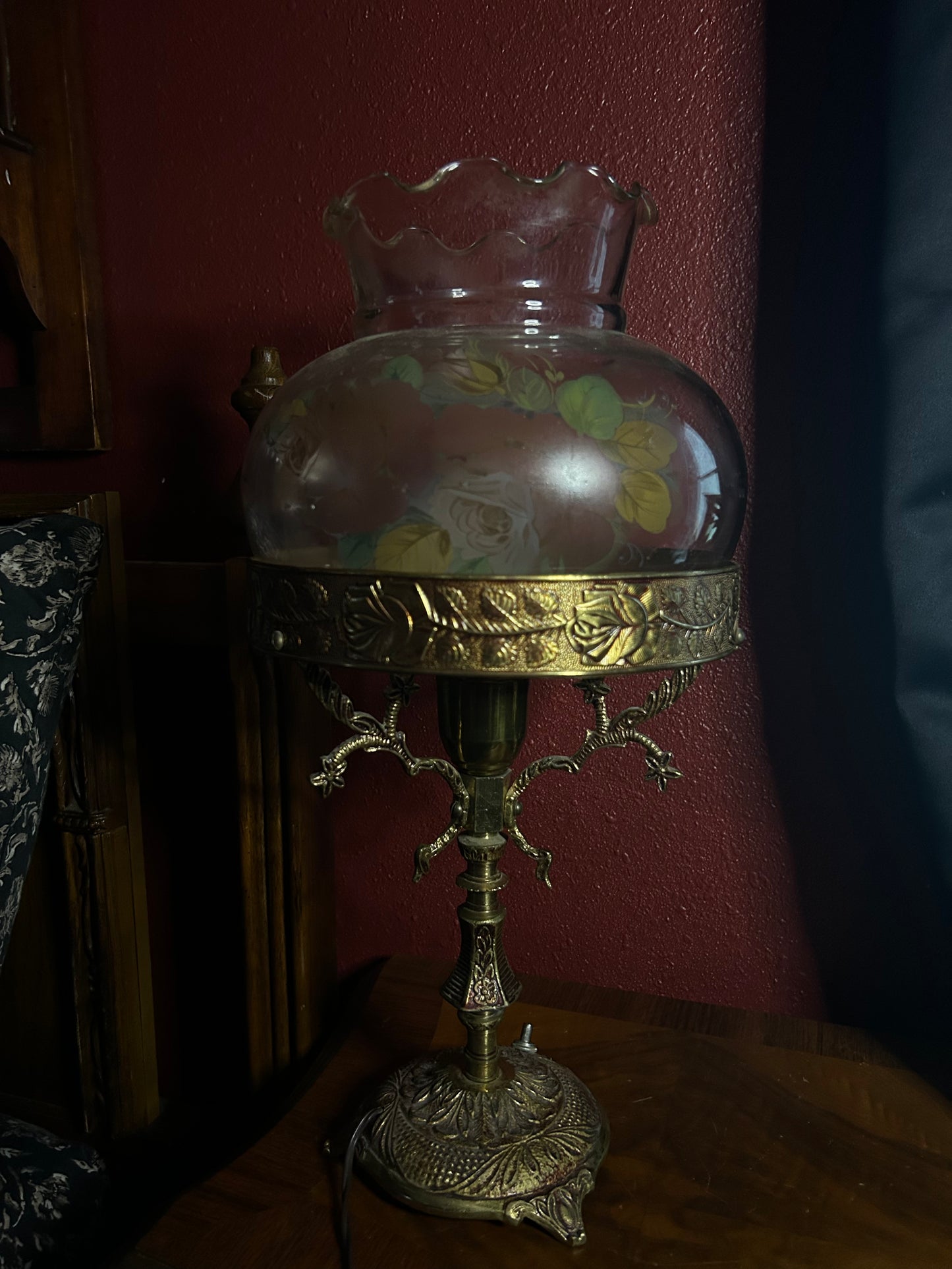 Ornate Brass Lamp with Rose Detailed Shade