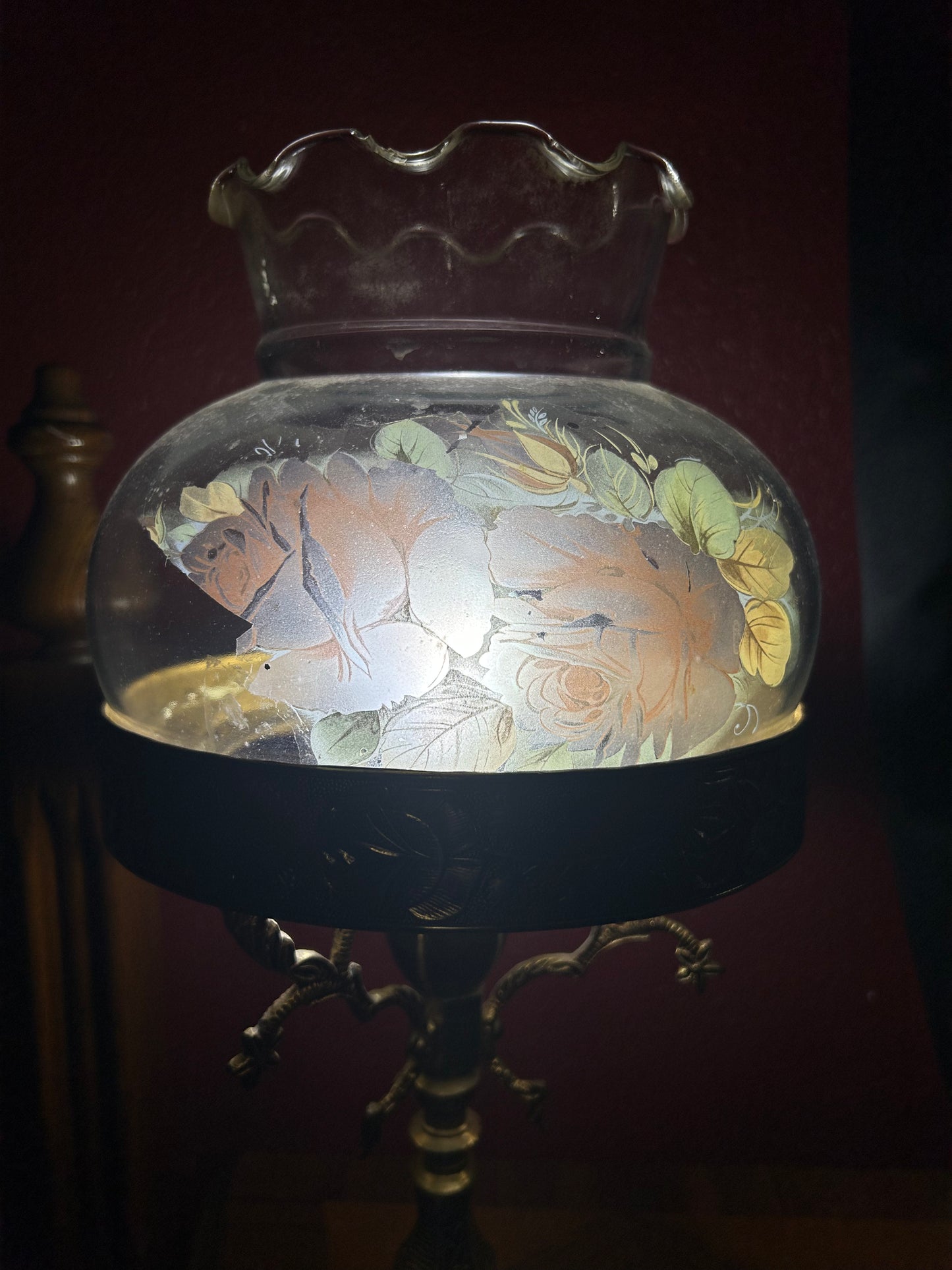 Ornate Brass Lamp with Rose Detailed Shade