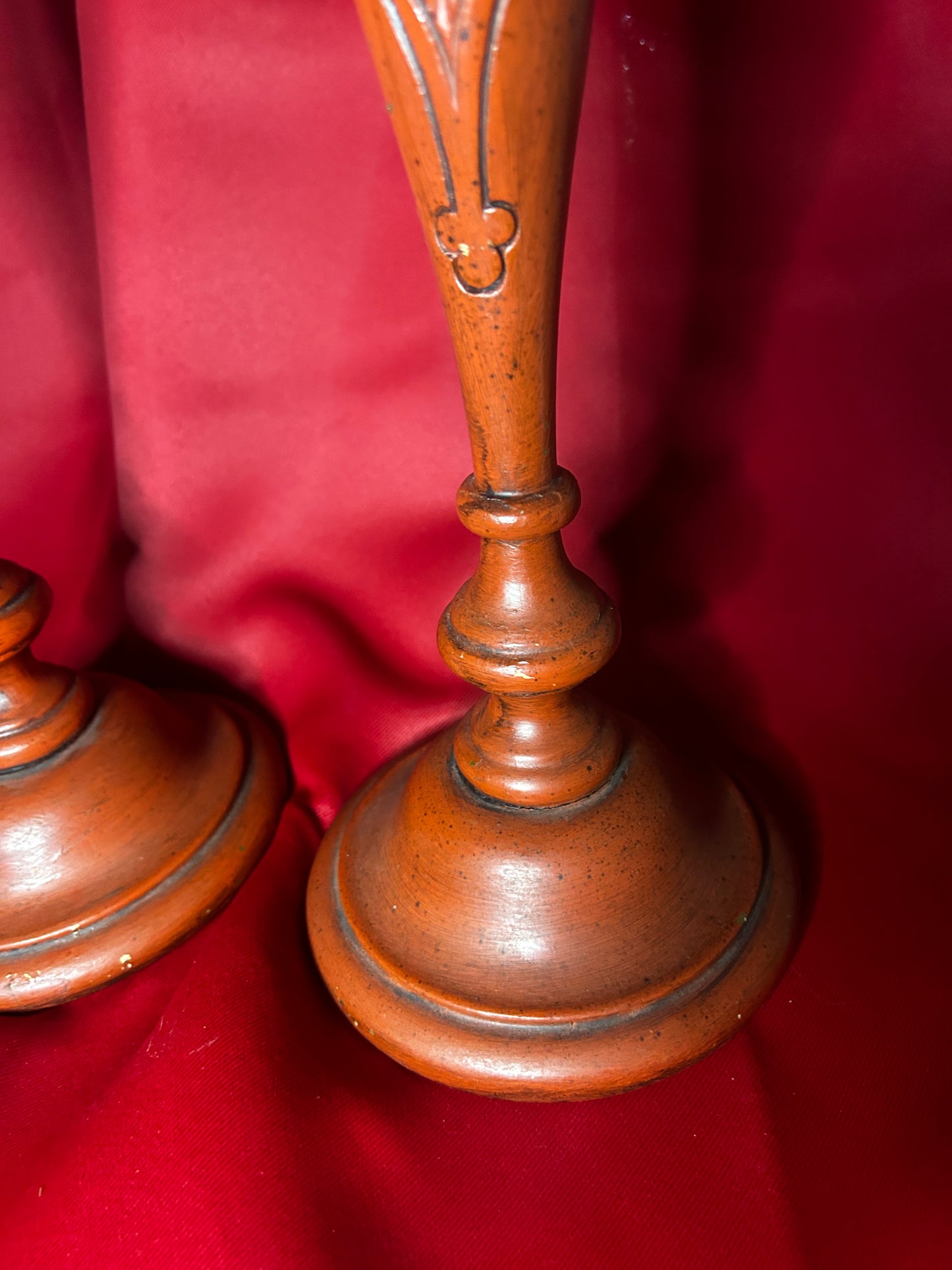 Wooden Red Pair of Candleholders