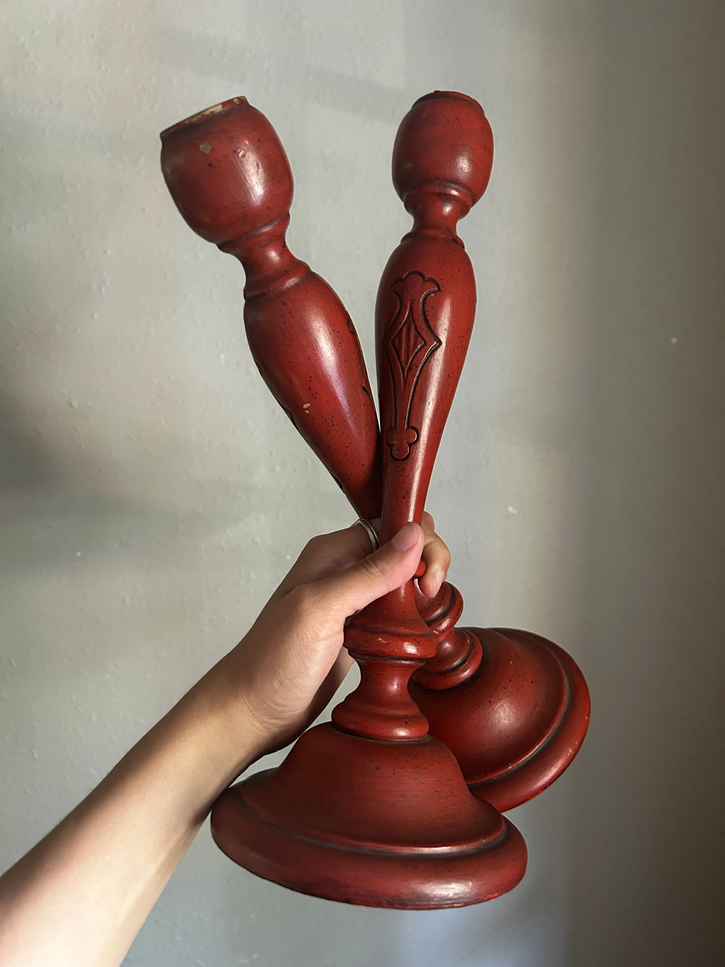 Wooden Red Pair of Candleholders