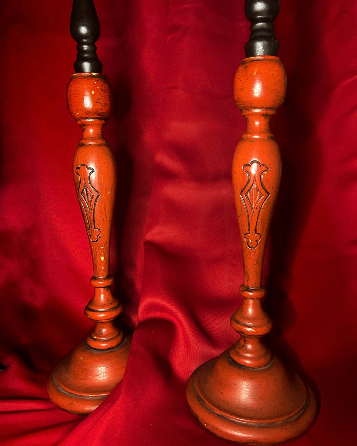 Wooden Red Pair of Candleholders