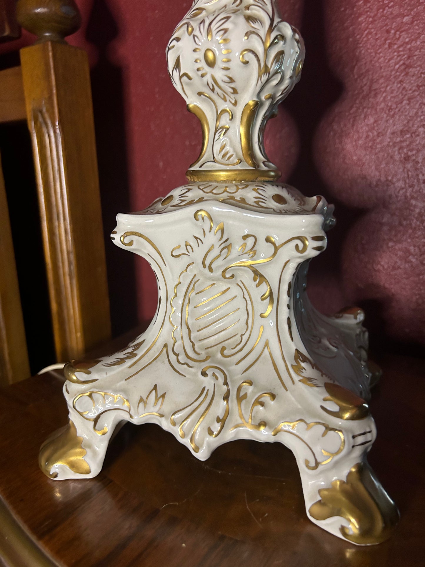 Tall Ornate White & Gold Lamp with Cross Lightbulb