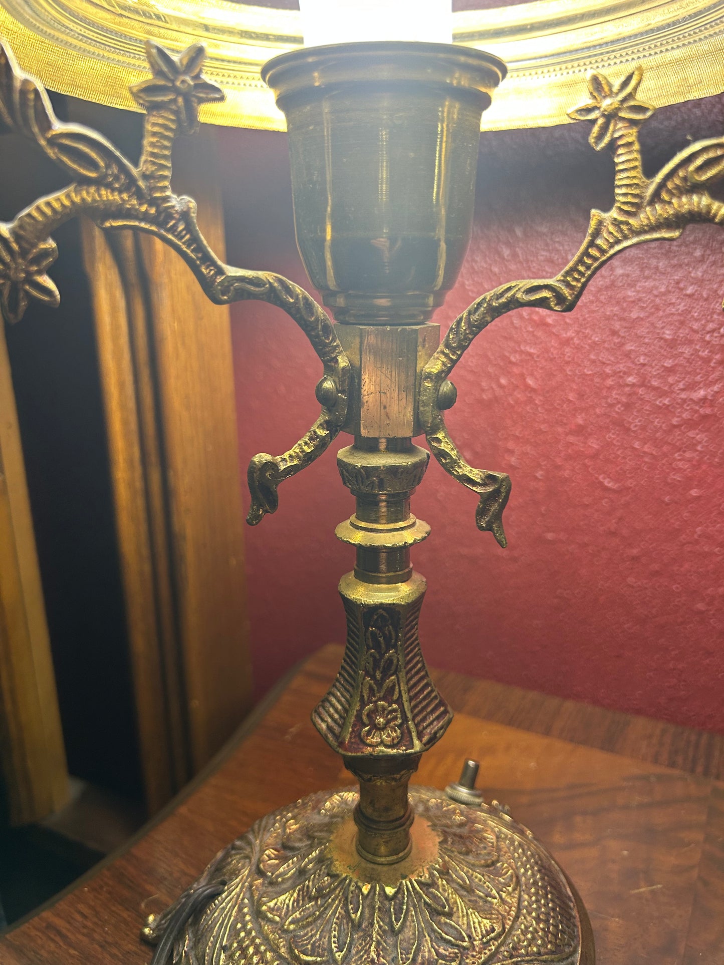 Ornate Brass Lamp with Rose Detailed Shade