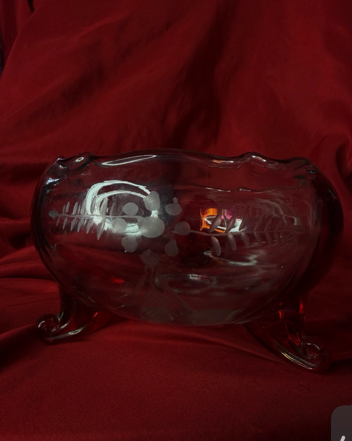 Etched Flashed Cranberry Glass Cauldron
