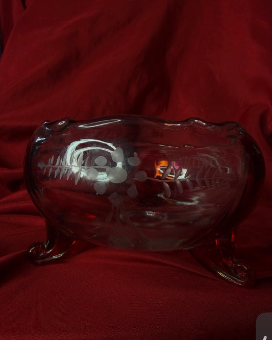 Etched Flashed Cranberry Glass Cauldron