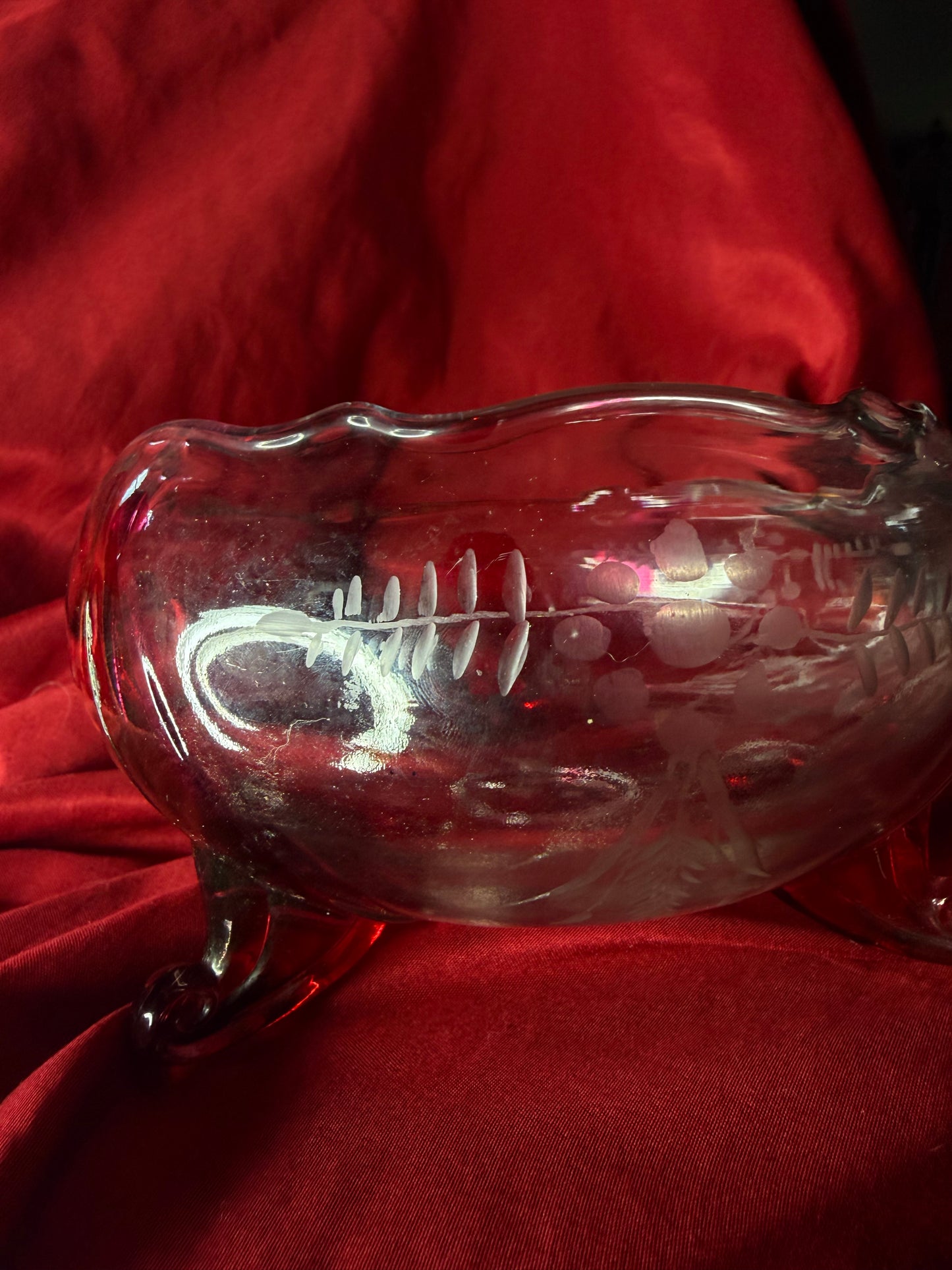 Etched Flashed Cranberry Glass Cauldron