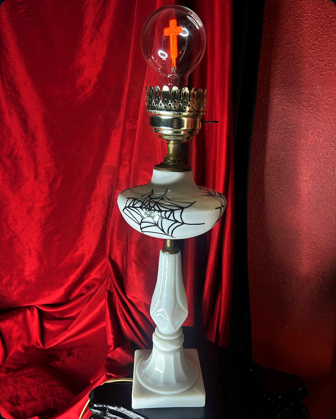 Tall Spiderweb Milkglass Lamp with Cross Lightbulb
