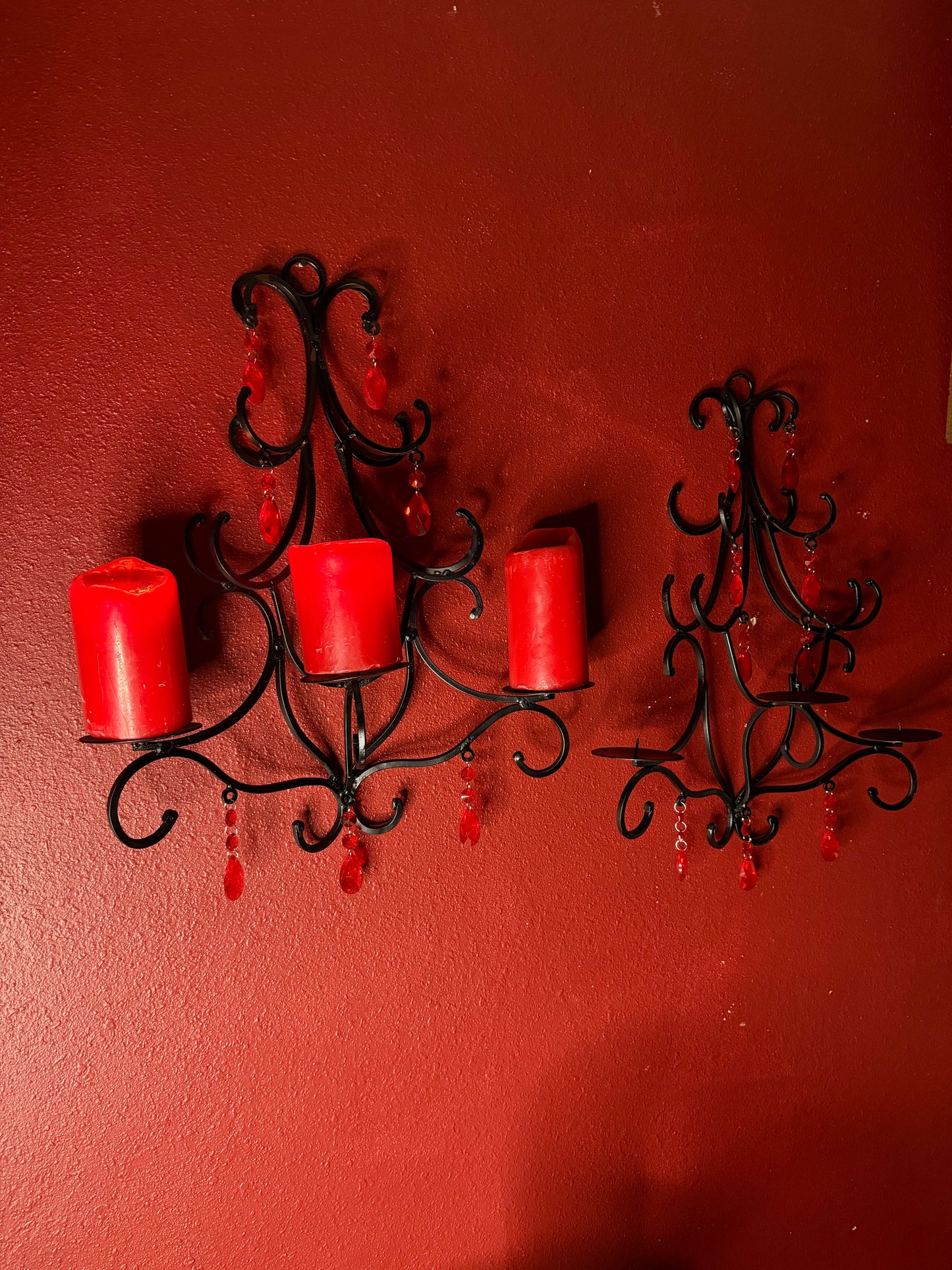 Pair of Gothic Wrought Iron Wall Candelabras with Blood Red Crystals