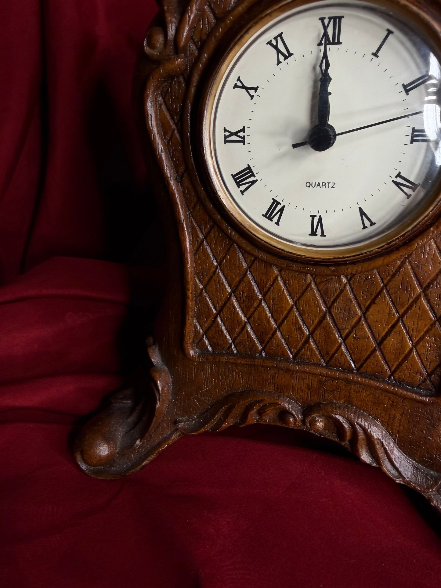 Vintage CBK Ltd Ornate Engraved Wood Quartz Clock