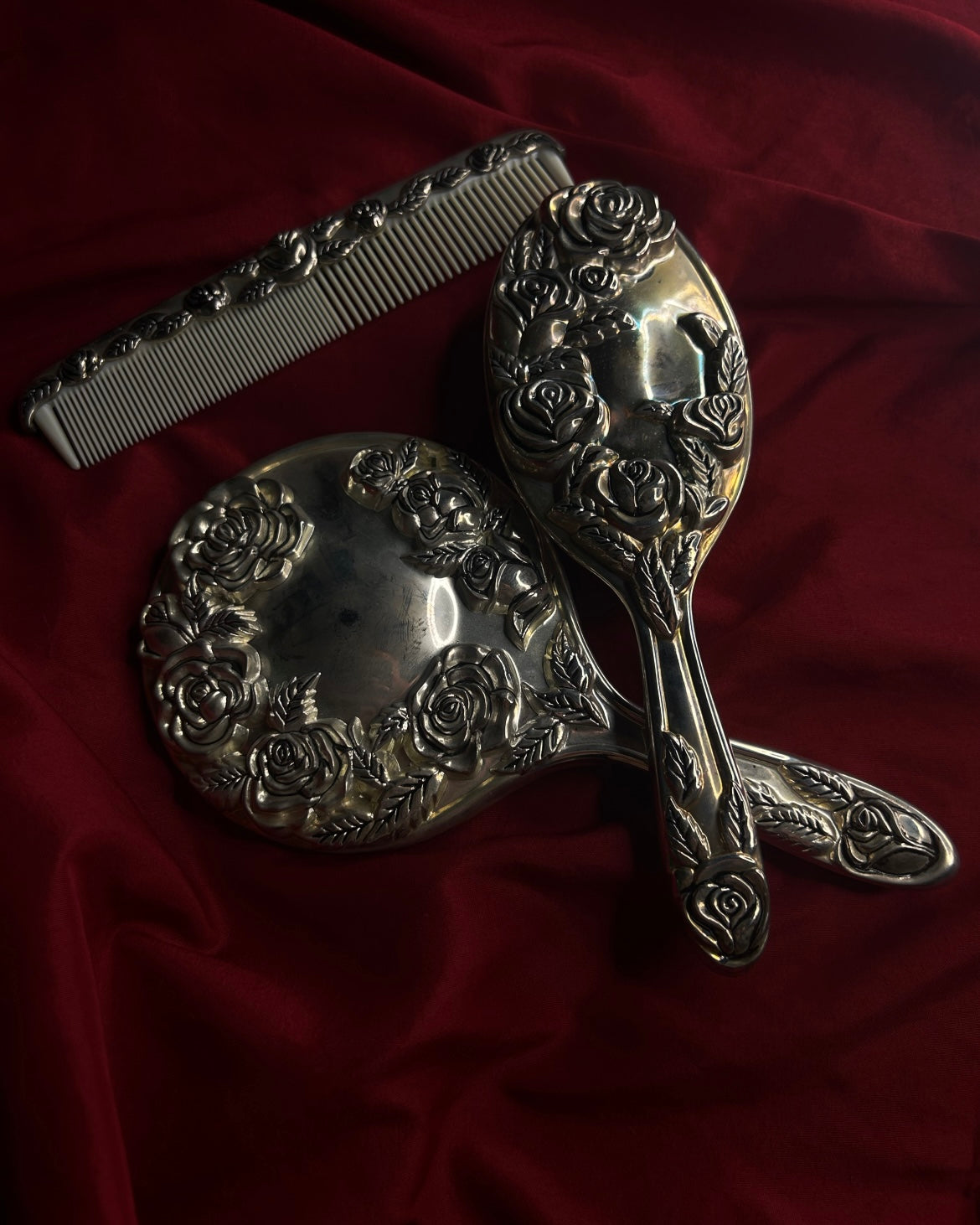 Set of 3 Floral Design Hand Held Mirror, Brush, and Comb