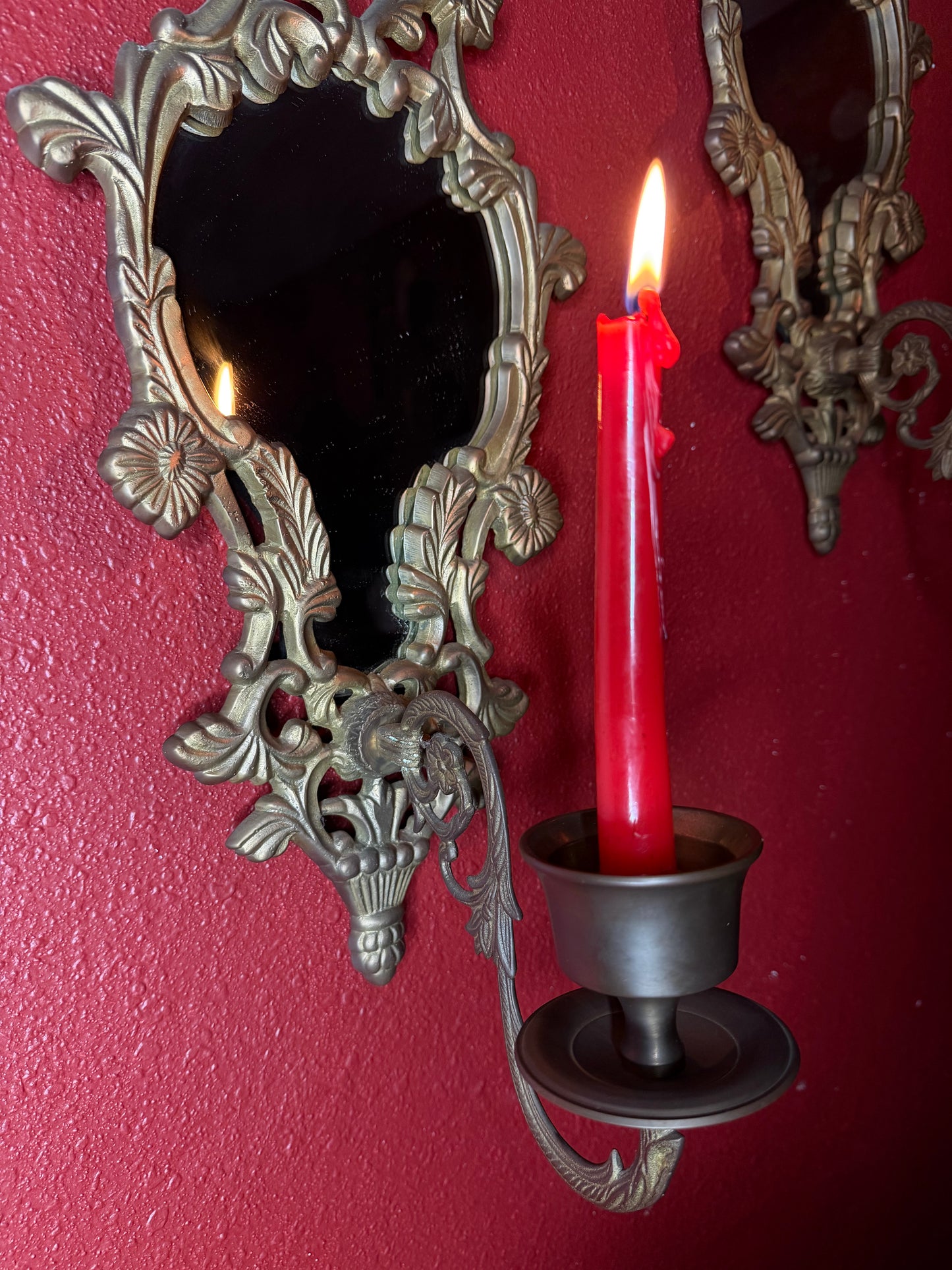 Pair of Ornate Brass Mirrored Candleholders