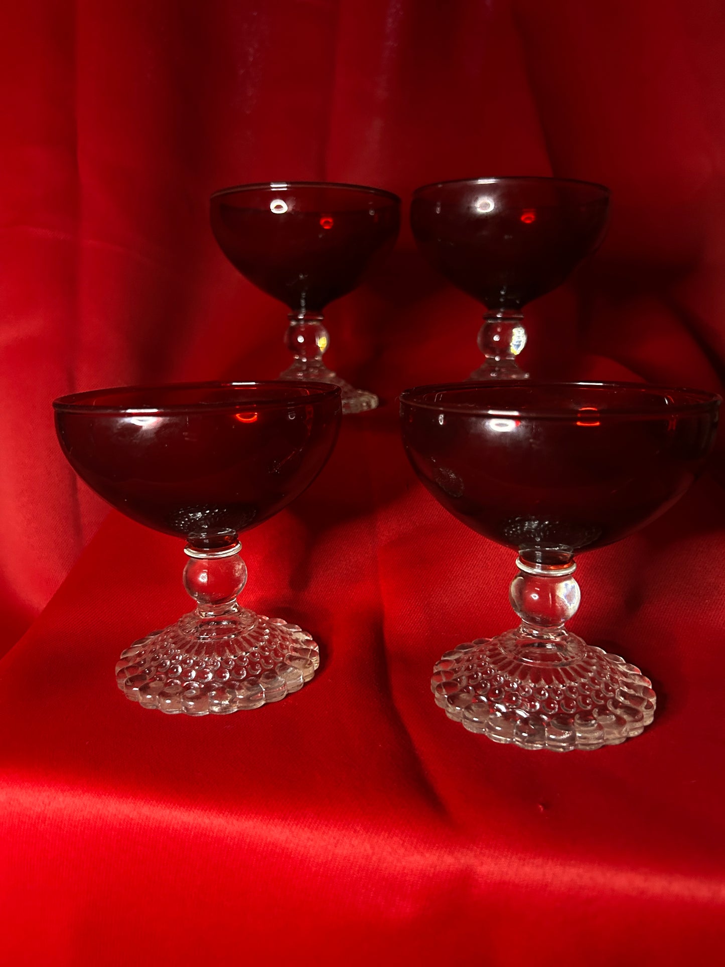 Set of 4 Bubble Foot Ruby Liquor Cocktails by ANCHOR HOCKING Ruby Red & Crystal Stemware