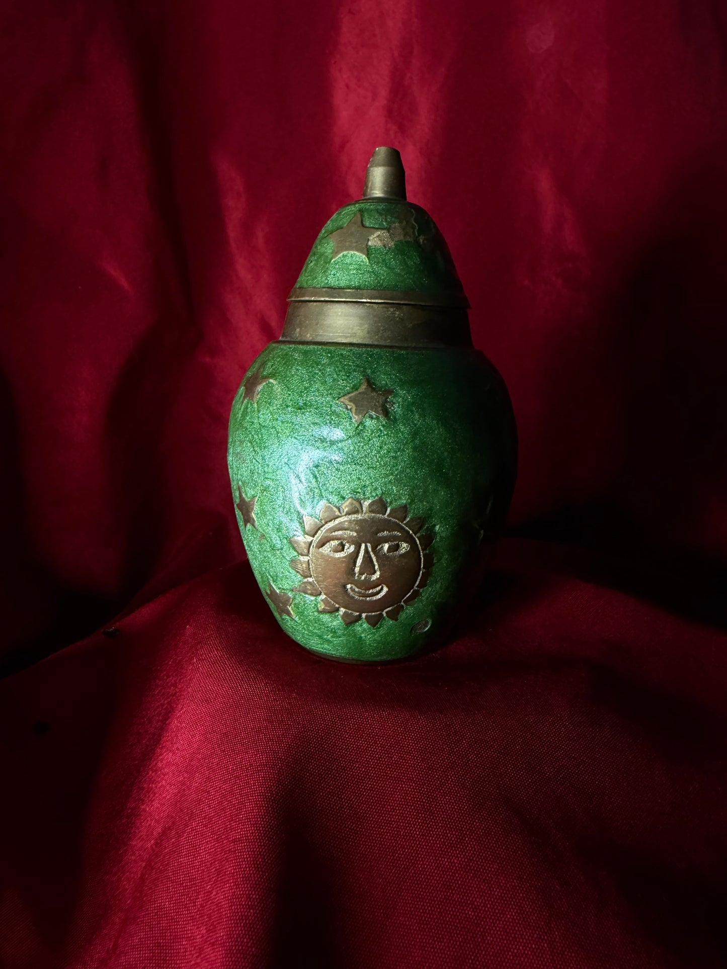 Vintage Brass Cloisonne Enamel Moon & Stars Urn
