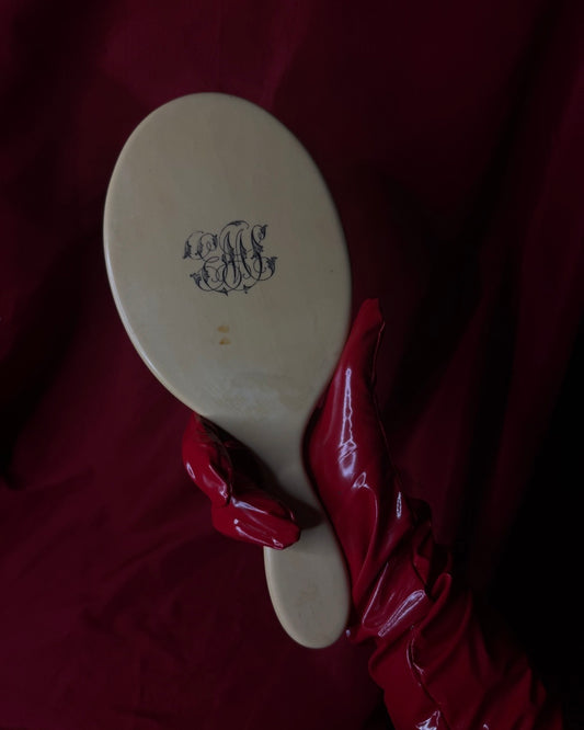 Monogrammed Celluloid Hand Held Mirror Beveled Glass