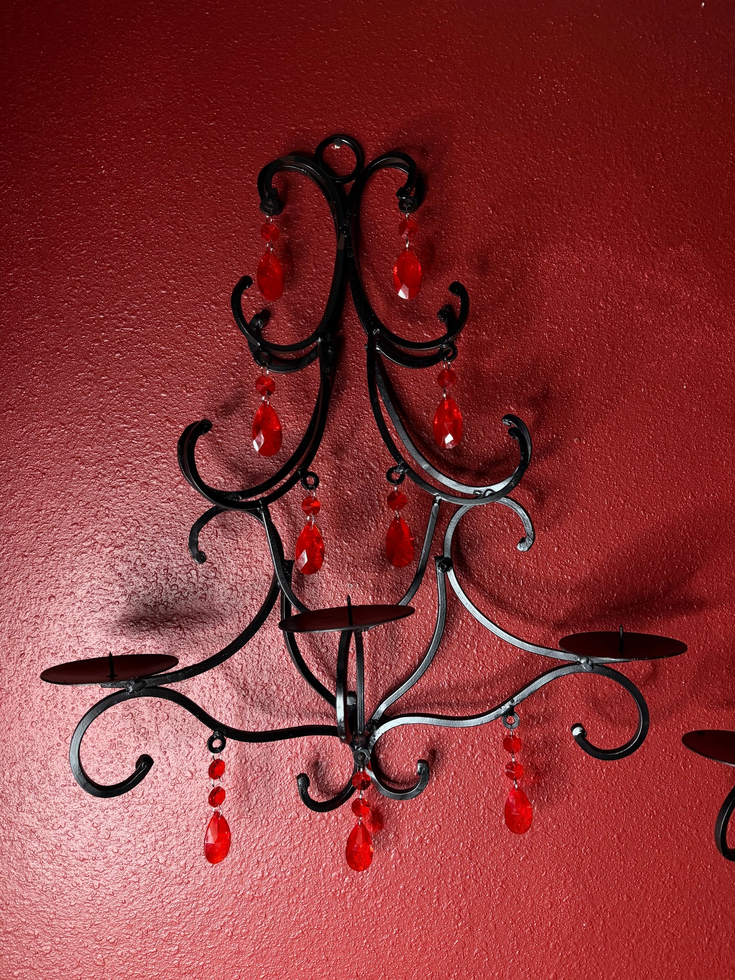 Pair of Gothic Wrought Iron Wall Candelabras with Blood Red Crystals