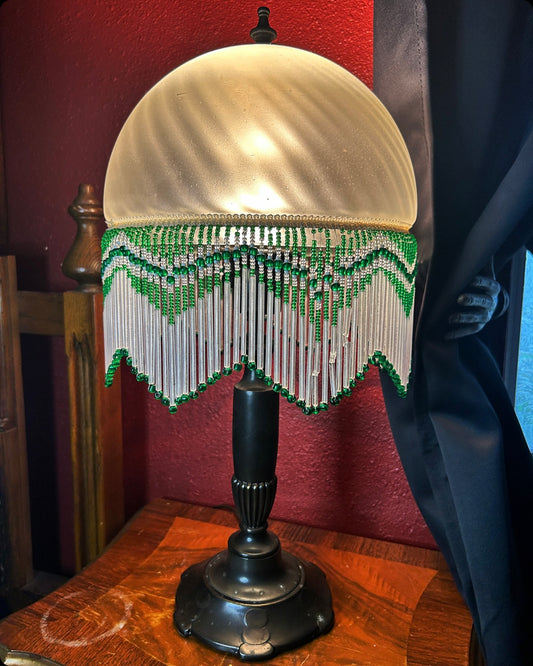 Green Beaded Lamp with Glass Shade