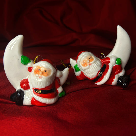 Vintage Christmas Santa On Moon Porcelain Ornaments Set of 2