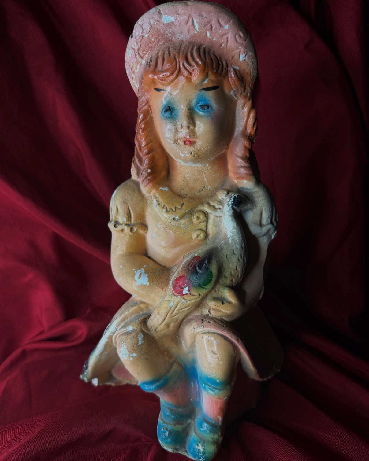 Chalkware Girl Holding Peacock