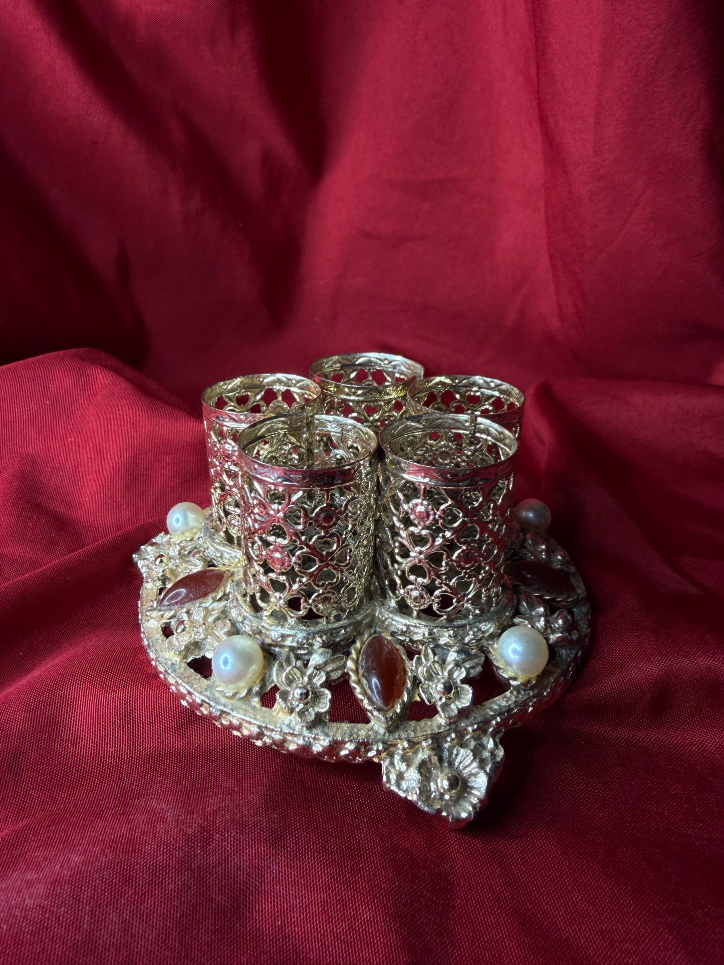 Vintage Rhinestone and Pearl Adorned Metal Lipstick Holder