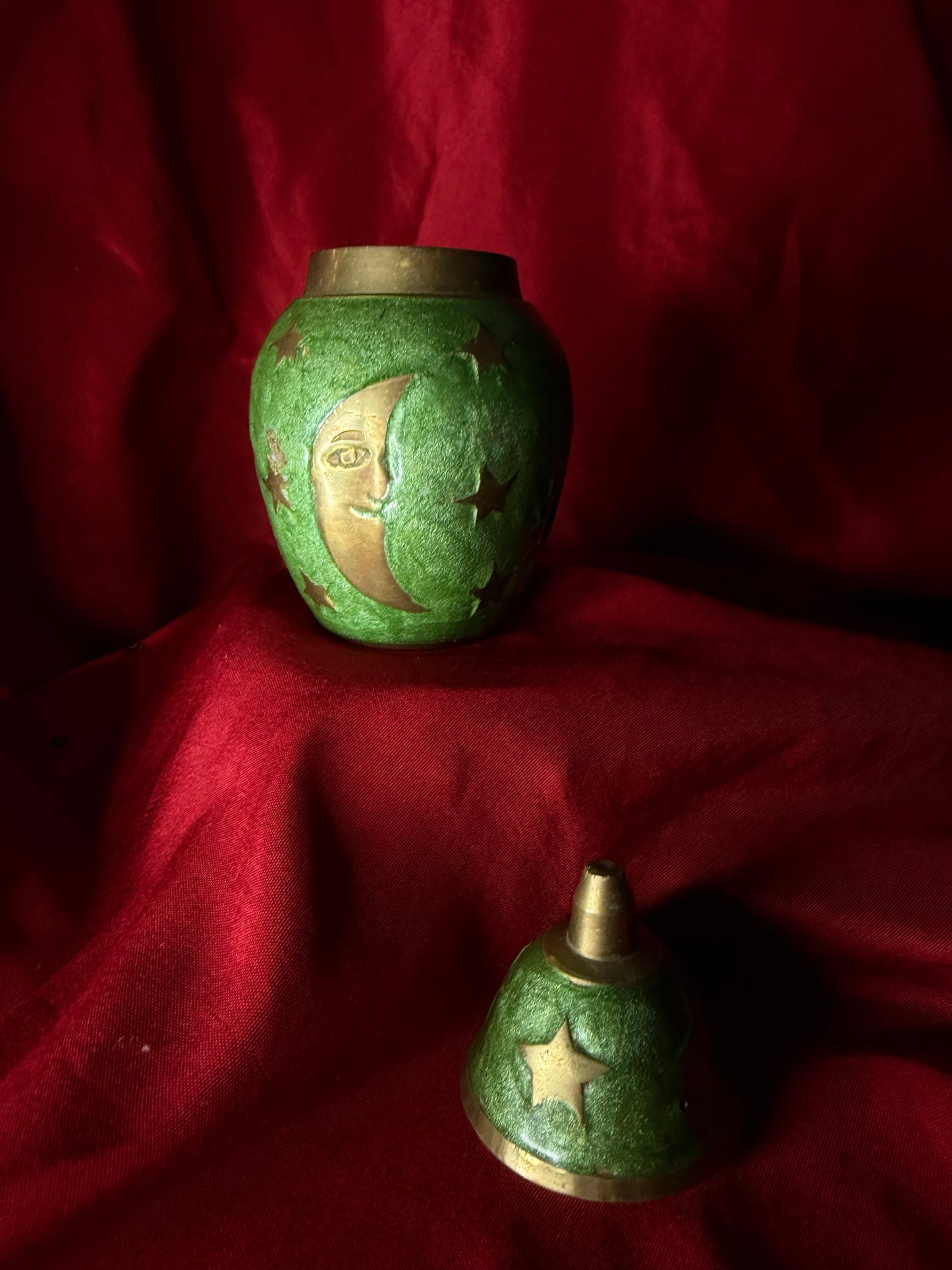 Vintage Brass Cloisonne Enamel Moon & Stars Urn