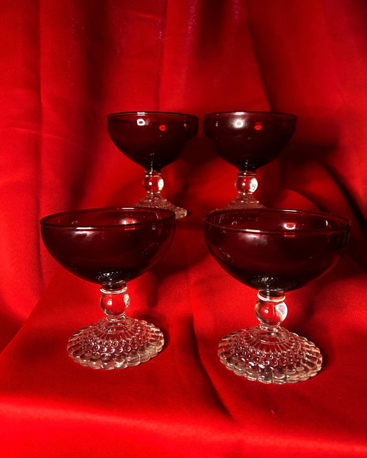 Set of 4 Bubble Foot Ruby Liquor Cocktails by ANCHOR HOCKING Ruby Red & Crystal Stemware