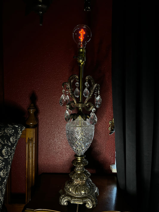 Tall Ornate Lamp with Cross Lightbulb