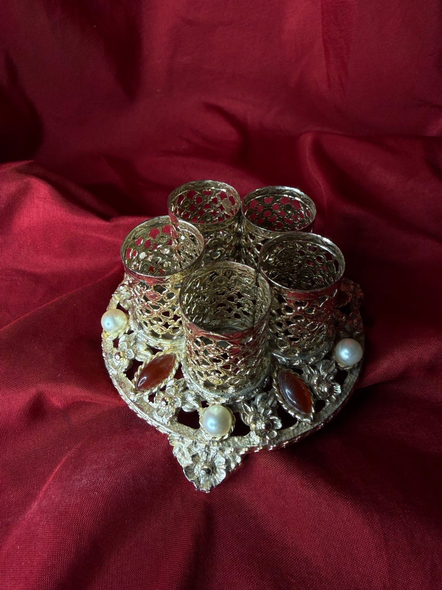 Vintage Rhinestone and Pearl Adorned Metal Lipstick Holder